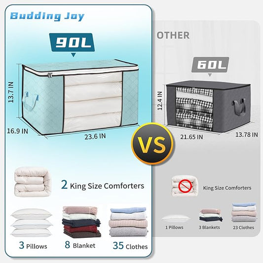 Budding Joy 90 L Large Storage Bags, 6 Pack Clothes Storage Bins Foldable Closet Organizer Storage Containers Storage and Organization for Clothes, Blanket, Comforters, Bed Sheets, Pillows (Blue)