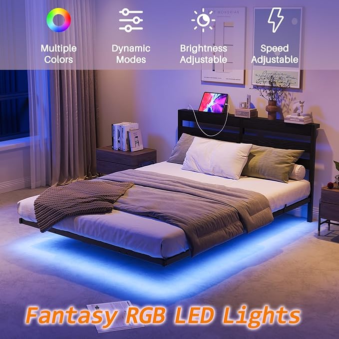 Floating Bed Frame Full Size with USB Charging Station, LED Bed Frame with Storage Headboard, Black Metal Platform Bed Double Size, No Box Spring Needed, Noise Free, Easy to Assemble