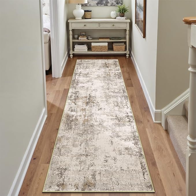 2x12 Washable Runner Rug Brown Grey Abstract Hallway Kitchen Throw Rug Neutral Modern Non Slip Soft Low Pile Carpet for Bathroom Laundry Bedroom Living Room
