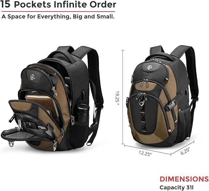 Swissdigital Design Laptop Backpack with USB Charging Port, Travel Backpack Fits 15.6 inches Computer, 31L College School Backpack for Men, Tan/Black | SD803-34