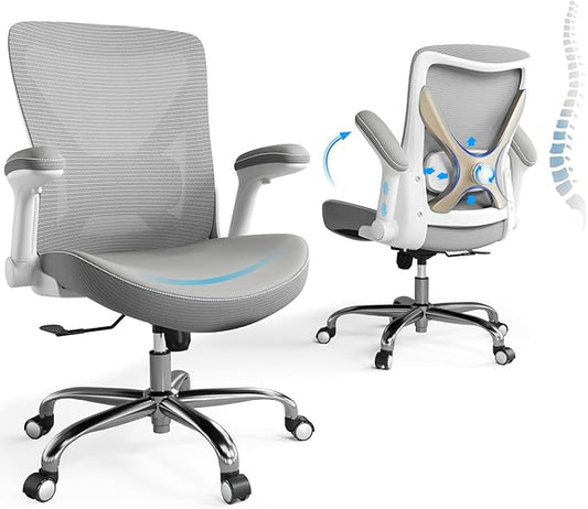 Office Home Ergonomic Desk Chair-Computer X-Shaped Chair Mesh PU Leather with Adjustable Lumbar Support-Executive Chair High Back Flip-Up Arms for Long Hours (Grey-No Headrest)