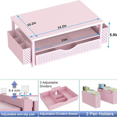Spacrea Desk Organizer and Accessories, Computer Monitor Stand Riser with Drawer and 2 Pen Holders, Office Desk Accessories & Workspace Organizers for Office Supplies (Pink)