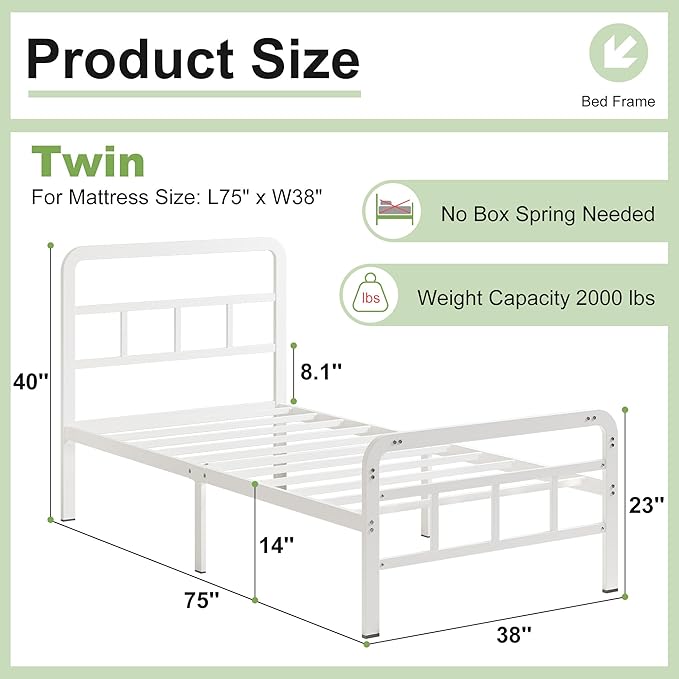 14 Inch Twin Bed Frames with Headboard and Footboard, Heavy Duty Twin Bed Frame with Underneath Storage, No Box Spring Needed, Easy Assembly, White