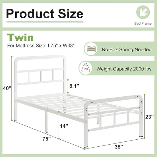 14 Inch Twin Bed Frames with Headboard and Footboard, Heavy Duty Twin Bed Frame with Underneath Storage, No Box Spring Needed, Easy Assembly, White