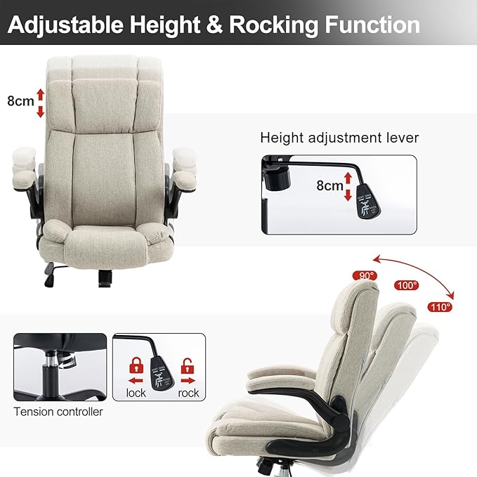 Office Chair High Back Ergonomic Executive Computer Desk Chair Comfortable Fabric Padded Home Office Desk Chairs with Flip-up Arm Rest Adjustable Height Swivel Wheels (Beige)