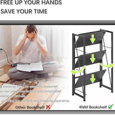 4NM No Assembly Folding Bookshelf Storage Shelves 3 Tiers Vintage Bookcase Standing Racks Study Organizer Home Office (All Black)