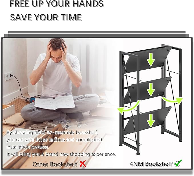 4NM No Assembly Folding Bookshelf Storage Shelves 3 Tiers Vintage Bookcase Standing Racks Study Organizer Home Office (All Black)