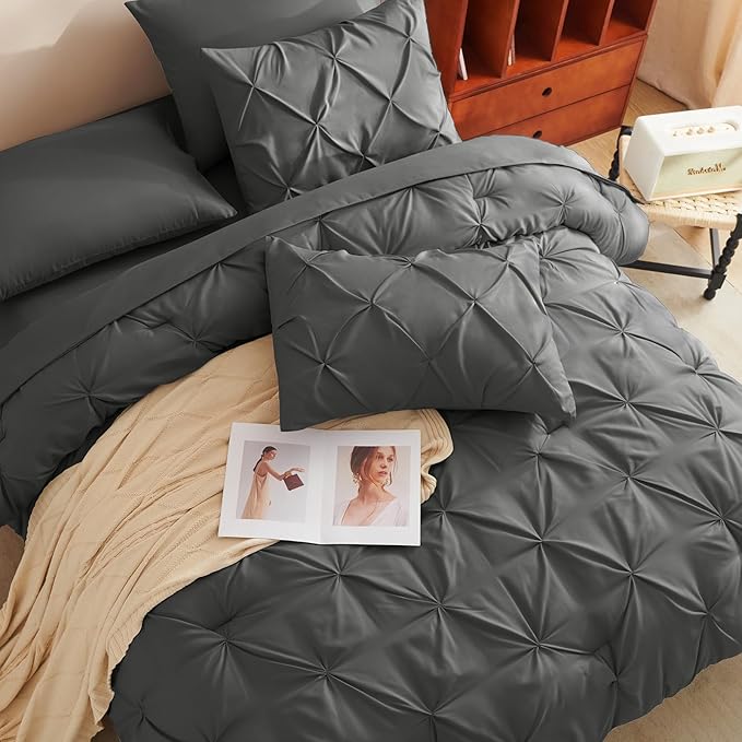CozyLux Twin Comforter Set with Sheets Dark Grey, 5 Pieces Pintuck Bed in A Bag, Twin Bed Set Gift for Family, Pinch Pleat Bedding Set with Comforter, Sheets, Pillowcase & Sham