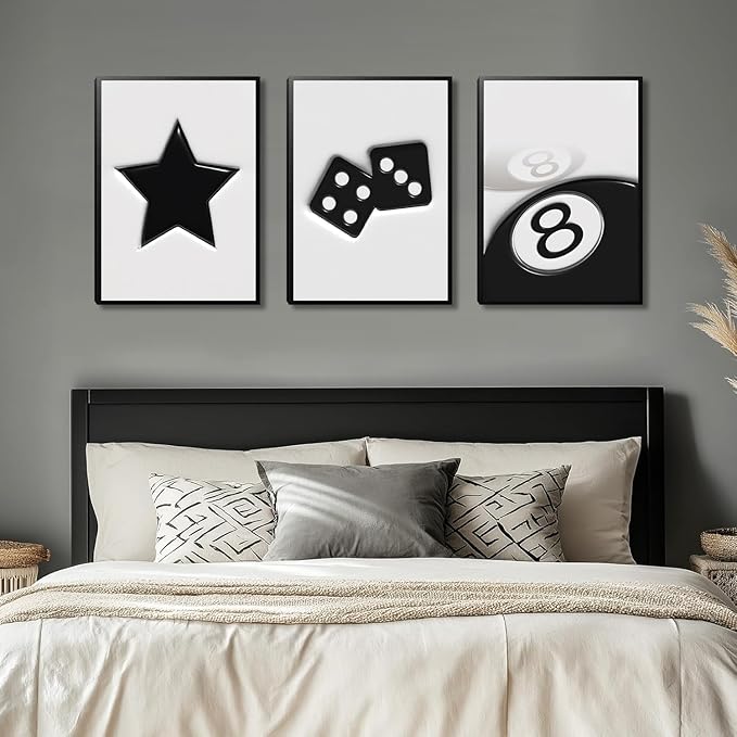 Black And White Dice Canvas Wall Art Set Of 3,Funky Retro Y2k 8 Ball Wall Decor Paintings, Funky Lucky Preppy Posters Prints Pictures For Game Room Apartment Dorm Teenager Room 16x24in Framed