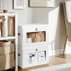 Large Clothing Storage Bins - Collapsible Boxes with Handles & Window, Decorative Organizer Bins with Lids, Fabric Containers for Living Room, Dorm, 6 Pack, White