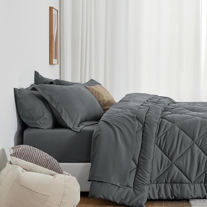 Love's cabin Queen Comforter Set Dark Grey, 7 Pieces Queen Bed in a Bag, All Season Bedding Sets with 1 Comforter, 1 Flat Sheet, 1 Fitted Sheet, 2 Pillowcase and 2 Pillow Sham