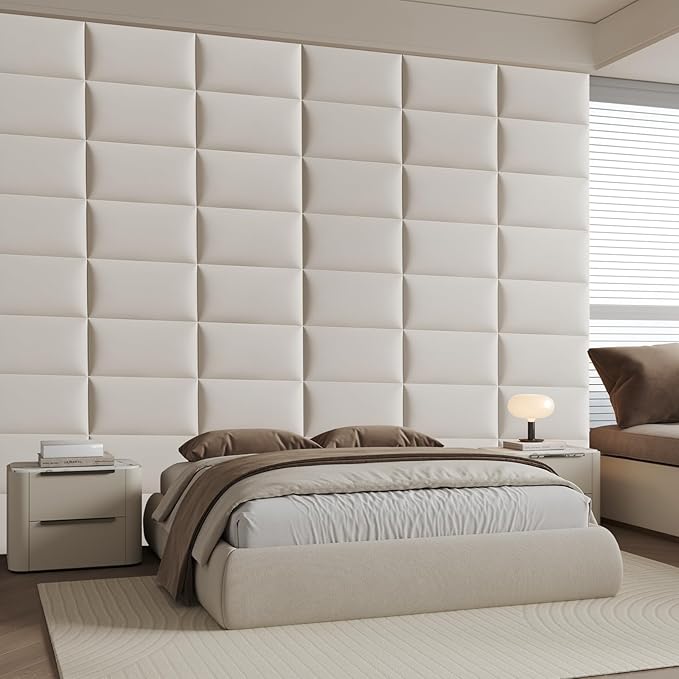 6-Piece Wall Mount Headboard Kit - White Peel and Stick Upholstered Headboard for Queen Size Bed, Floating Bed Backboard, 24" x 12" Panels, Artificial Leather