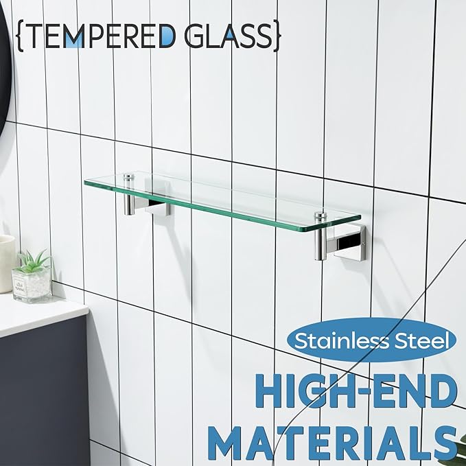 KOKOSIRI Bathroom Shelves Wall Mounted Floating Glass Shelf Polished Stainless Steel 20-Inch Kitchen Hanging Rack for Storage/Room Decor B1105CH-L20