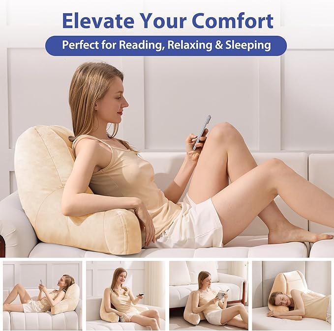 Reading Pillows for Sitting in Bed Adult, Back Pillow for Bed Sitting Up, Backrest Pillows with Shredded Foam for Adult&Teens, Support Pillow with Arms for Beds, Couch, Floor, 20in, Beige