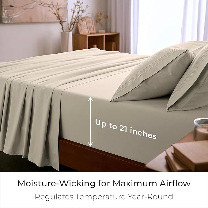 Mellanni Queen Sheet Set - 6-Piece Iconic Collection Bedding, (Including 4 Pillowcases), 21-Inch Extra Deep Pocket, Easy Care, Ultra Soft, Cooling Sheets, Brushed Microfiber - Beige