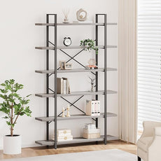 HSH 6 Tier Tall Bookshelf, Metal Wood Vertical Display Book Shelf, Industrial 6 Shelf Bookcases and Book Shelves Storage Rack, Large Open Book Case for Bedroom Living Room Office, Light Grey Oak