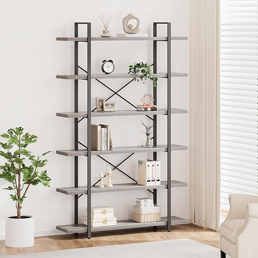 HSH 6 Tier Tall Bookshelf, Metal Wood Vertical Display Book Shelf, Industrial 6 Shelf Bookcases and Book Shelves Storage Rack, Large Open Book Case for Bedroom Living Room Office, Light Grey Oak