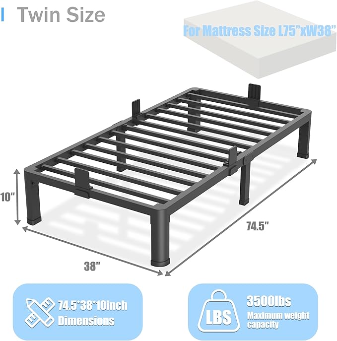 10 inch Twin Bed Frame with Round Corner Legs Mattress Slide Stopper,Low Profile Heavy Duty Metal Platform,No Box Spring Needed,Steel Slat Support,Easy Assembly,Noise Free