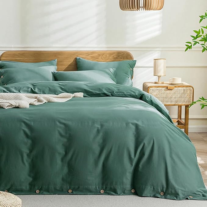 JELLYMONI Cotton Duvet Cover Twin Size - Dark Green Comforter Cover with Button 100% Washed Cotton 2PCS Breathable Soft Solid Bedding Set Duvet Cover 68×90in & 1 Pillowcase (NO Comforter)