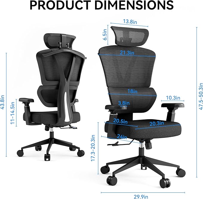 Ergonomic Mesh Office Chair 400LBS Big and Tall Desk Chair Ergonomic Office Chair with Lumbar Support, Comfortable Computer & Gaming Chair, Black