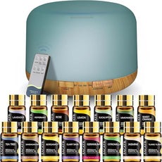 SACATR 500ml Essential Oil Diffuser with 15 Essential Oils, Ultrasonic Cool Mist Humidifier, Remote Control, 4 Timers, 15 Color Lights, Auto Shut-Off