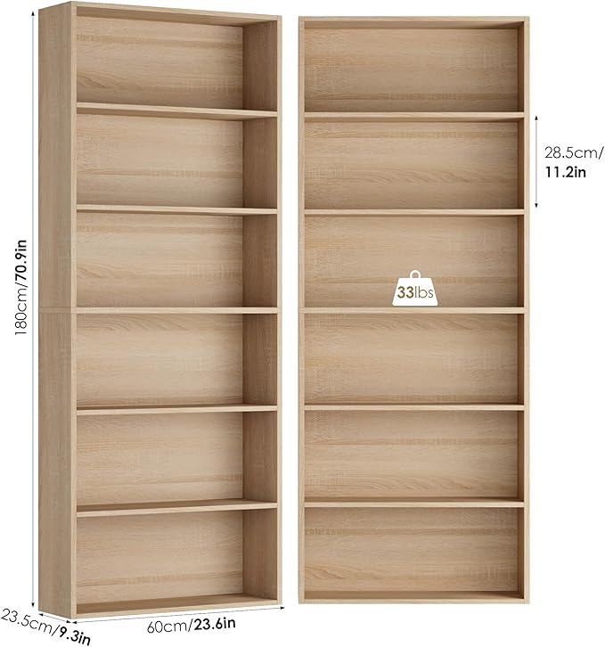 FOTOSOK 6-Tier Open Bookcase and Bookshelf Set of 2, Freestanding Display Storage Shelves Tall Bookcase for Bedroom, Living Room and Office, Light Oak