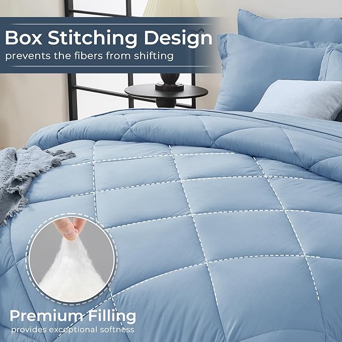 HEVUMYI Light Blue Full Comforter Set - 7-Piece All Season Bed in a Bag Full, Ultra Soft Bedding Set with Comforter, Flat Sheet, Fitted Sheet, Pillowcases, Pillow Shams