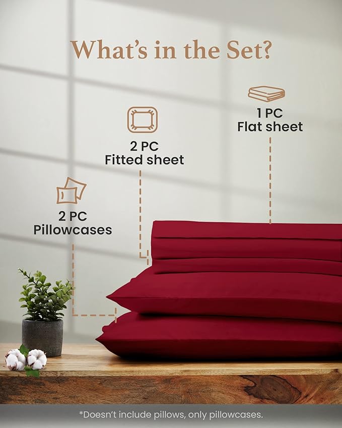 Good Sleep Bedding Split King Sheets Sets for Adjustable Bed Cotton, Egyptian Cotton Sheets, 5 Piece Cotton Split King Sheet Set, Sateen Sheets, 2 Fitted - 16" Deep Pocket, Burgundy GoodSleepBedding