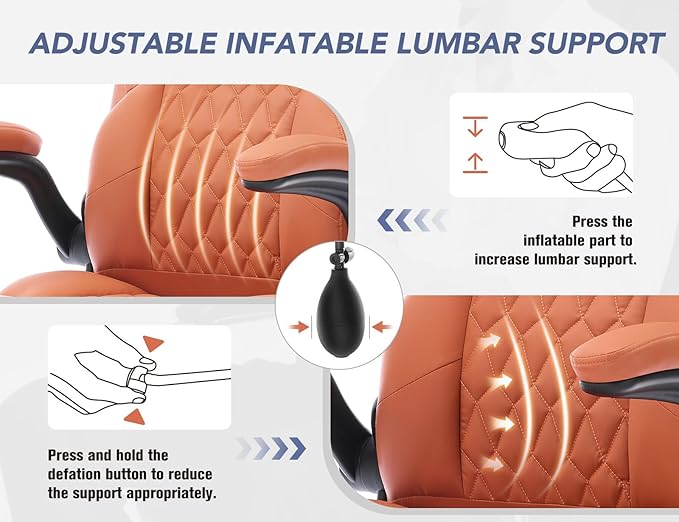 Office Chair with Adjustable Inflatable Lumbar Support,Leather Ergonomic Computer Desk Chair with Flip-up Arms,Adjustable Tilt Lock,Swivel Rolling Executive PC Chair for Work,Study,Meeting.Brown