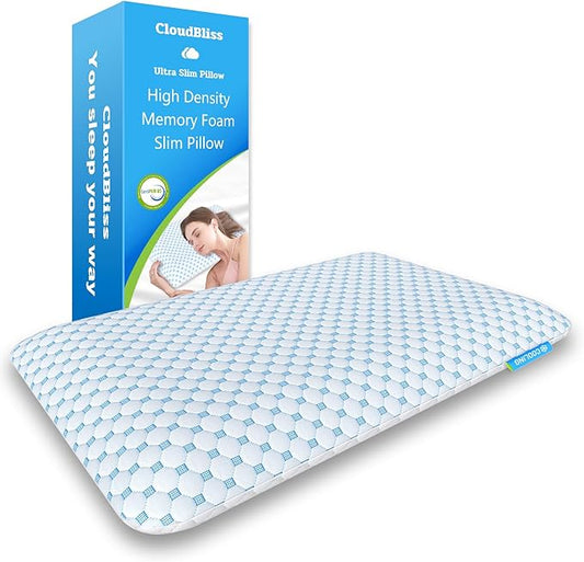 CloudBliss Ultra Slim 2.75” Pillows for Side | Back | Stomach Sleepers, Memory Foam Flat Pillow, Low Profile Sleeper Pillows with Double Sided Comfortable Breathable Pillow Cover, Queen