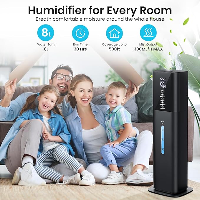 Humidifiers Large Room Bedroom with 7 Colors Light, 2.1Gal(8L) 3 Speed Quiet Ultrasonic Cool Mist Humidifier with 360° Nozzle, Humidity Setting, Timer,Aroma Box for Home Plant Baby Yoga Sleep (Black)