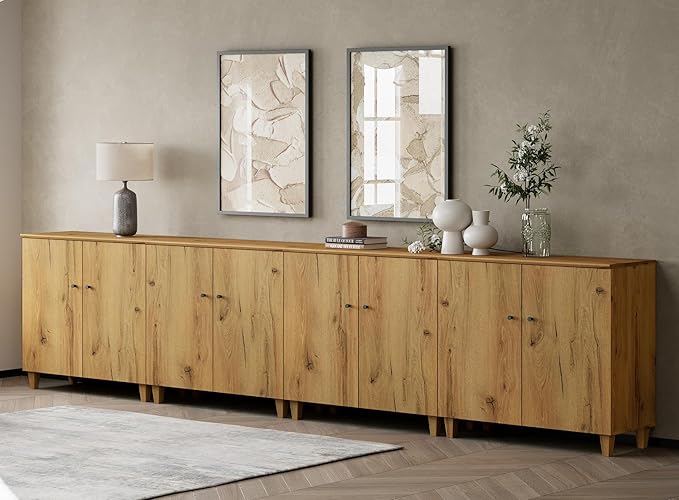 WAMPAT Storage Cabinets with Doors, Set of 4 Wood Sideboards Extra Wide Buffet Storage Cabinets, Accent Cabinets with 12 Compartments for Living Room, Dining Room, Kitchen, 2 Packs, Rustic Oak Brown