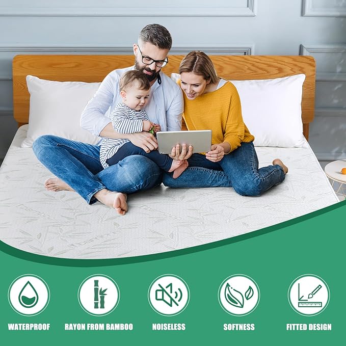 Waterproof Mattress Protector Queen Size, Viscose Cooling Breathable Mattress Cover, Fitted Deep Pocket Mattress Pad Cover Stretches up to 22 Inches, Noiseless Soft Bed Cover