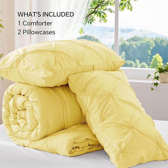 BEDELITE Light Yellow Twin Comforter Set - 2 Peices Boho Pintuck Bedding Comforter Sets, Lightweight Soft & Warm Twin Bedding Sets with 1 Pillowcase for All Season