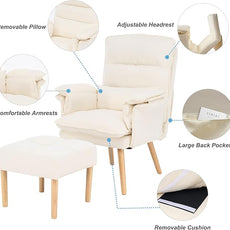 Modern Adjustable Accent Chair with Ottoman, Soft Fabric Reading Chair with Adjustable Backrest and Pillow, Comfy Lounge Chair with Armrests for Living Room, Bedroom, Apartment, Office, Dorm,Beige
