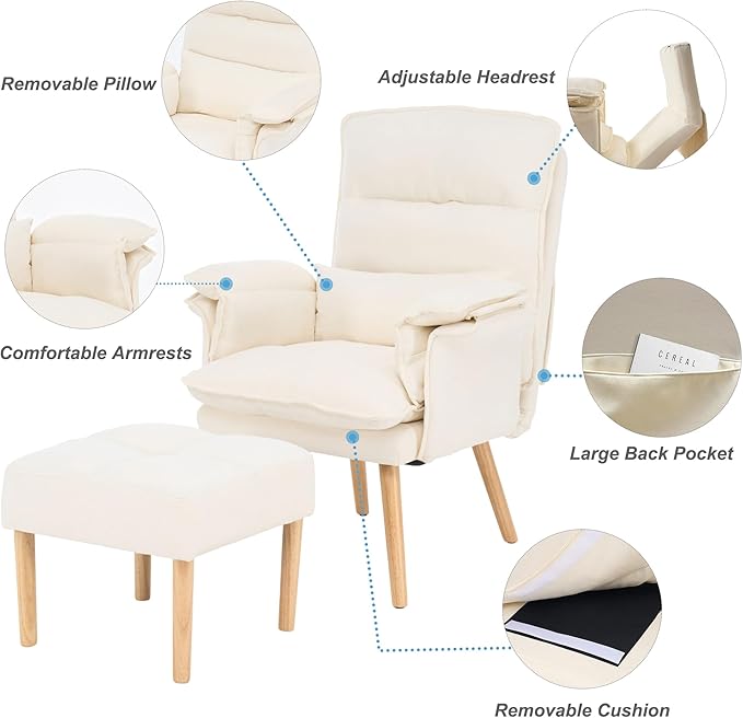 Modern Adjustable Accent Chair with Ottoman, Soft Fabric Reading Chair with Adjustable Backrest and Pillow, Comfy Lounge Chair with Armrests for Living Room, Bedroom, Apartment, Office, Dorm,Beige