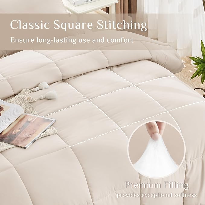 JOLLYVOGUE Full Comforter Set, Ultra-Soft Bed in a Bag Full Size 7 Pieces, Oeko-TEX Certified Bedding Set with Down Alternative Comforter, Sheets, Pillowcases & Shams, Beige