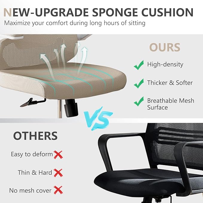 poki Mesh Office Chair, Home Office Desk Chair with Wheels, Ergonomic Office Chair with Lumbar Support and Adjustable Headrest, Comfortable Study and Desk Chair, Black