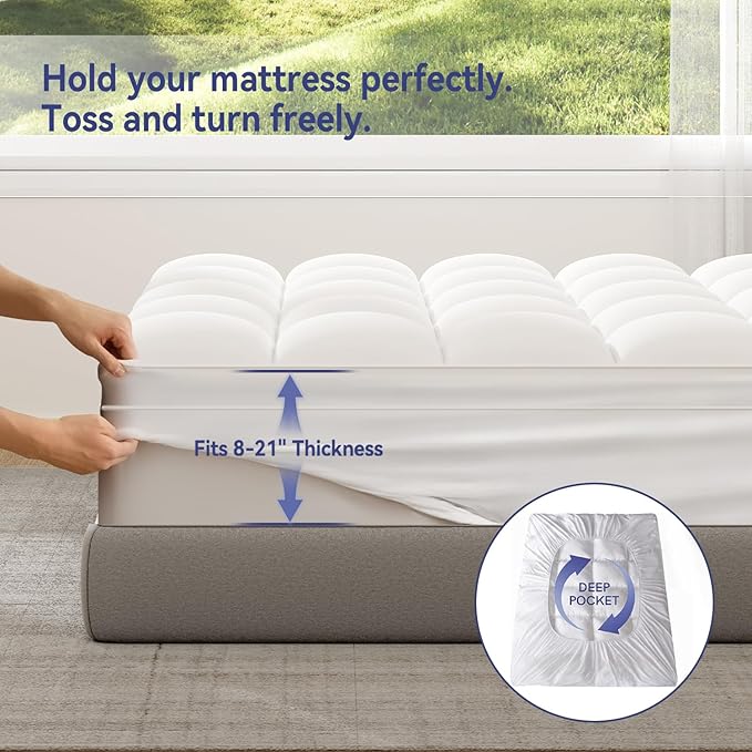ELEMUSE Cal King Mattress Topper for Back Pain, Extra Thick Mattress Pad Cover, Plush Soft Pillowtop with Elastic Deep Pocket, Overfilled Down Alternative Filling