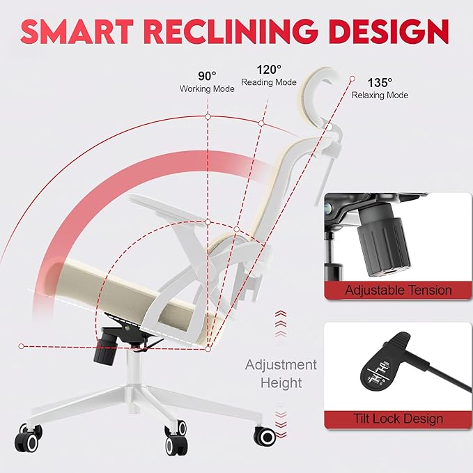 Ergonomic Office Chair - 400LB Comfy Desk Chairs with Adjustable Headrest and Lumbar Back Support, Mesh Computer Chairs with Wheels and Arms for Home Office, Study