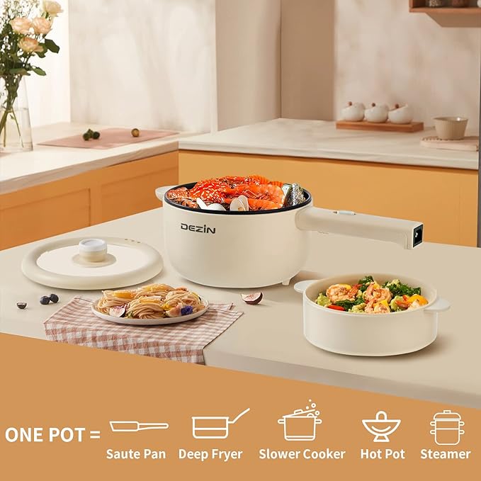 Dezin Electric Cooker, 2L Non-Stick Sauté Pan, Rapid Noodles Cooker, Mini Pot for Steak, Egg, Fried Rice, Ramen, Oatmeal, Soup with Power Adjustment, College Dorm Room Essential(Egg Rack Included)