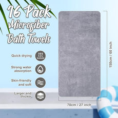 16 Pack Microfiber Bath Towels Bulk 27'' x 60'' Oversized Size Bath Towel Highly Absorbent Extra Large Soft Drying for Shower Beach Winter Salon Sport Gym Party (Stripe,Grey)