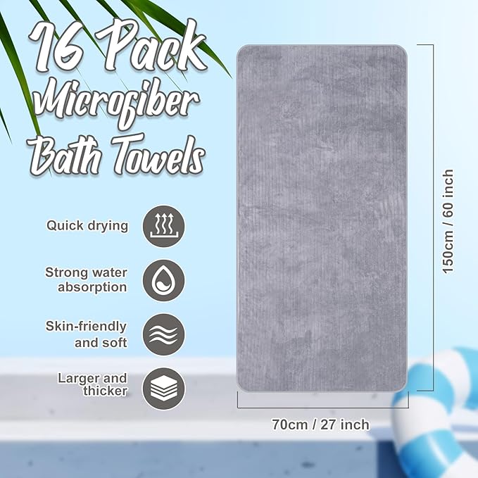 16 Pack Microfiber Bath Towels Bulk 27'' x 60'' Oversized Size Bath Towel Highly Absorbent Extra Large Soft Drying for Shower Beach Winter Salon Sport Gym Party (Stripe,Grey)