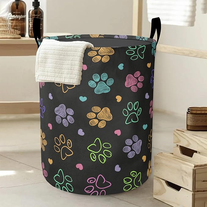 Colorful Paw Print Laundry Hamper Large Canvas Fabric Lightweight Storage Basket/Dirty Clothes Collapsible Waterproof for College Dorms, Boys and Girls Bedroom,Bathroom