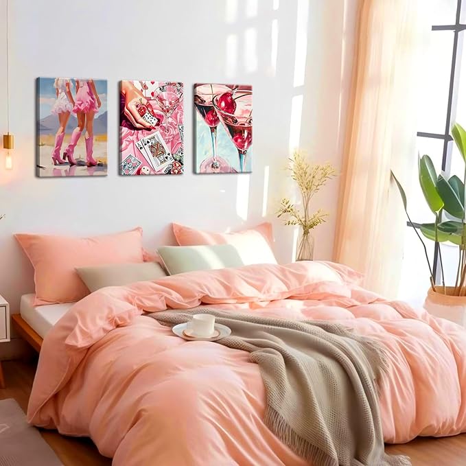 Framed Pink Preppy Wall Art Set of 3, Cowgirl Boots Cherry Cocktail Pictures Wall Decor, Trendy Poker Paintings Canvas Prints Girly Aesthetic Home Decor for Living Room Bedroom Dorm Bar 12x16 inch