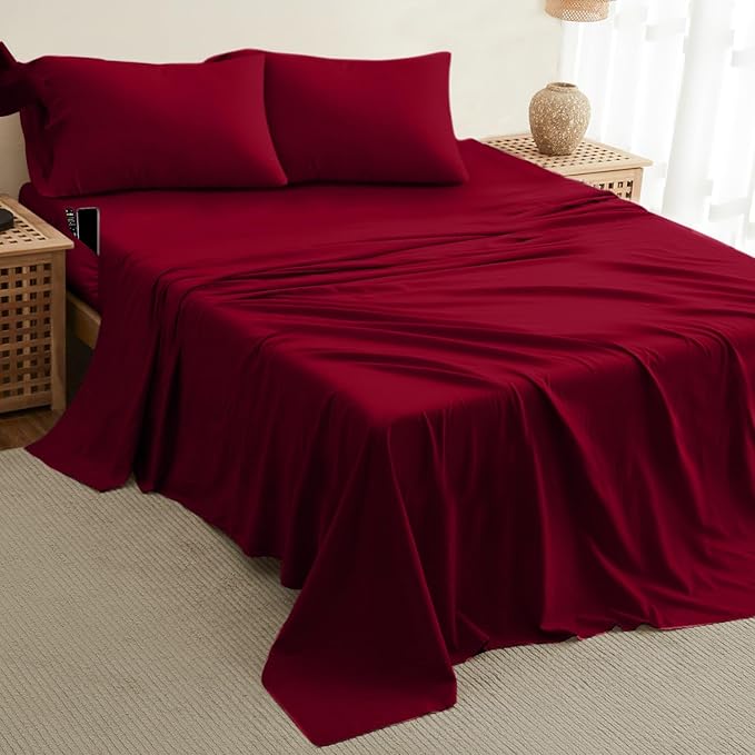 DREAMCARE Queen Size Sheets - Cooling Bed Sheets - 4pcs Set - up to 15" Deep Pocket Queen Sheet Set - Sheets Queen Size Bed - Soft & Long Lasting 100% Fine Brushed Polyester with Side Pocket -Brgndy DREAMCARE