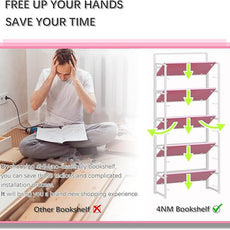 4NM No Assembly 5 Tiers Folding Bookshelf Storage Shelves Vintage Bookcase Standing Racks Study Organizer Home Office (Pink White)