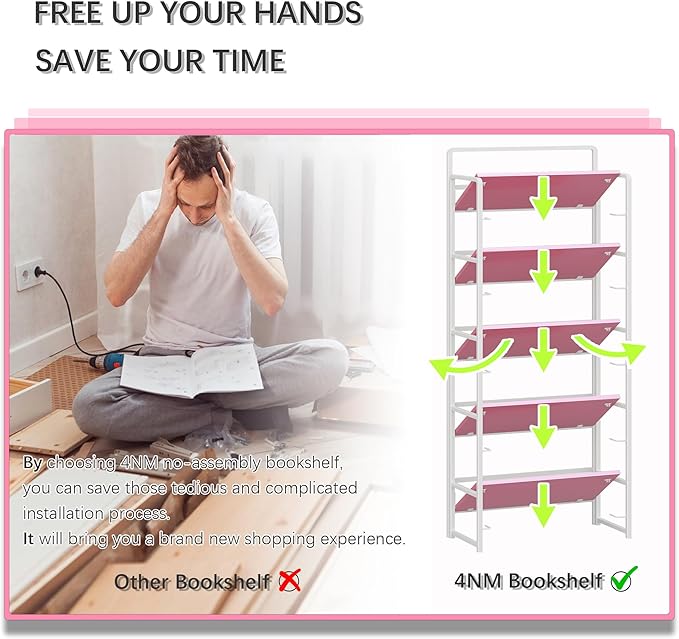 4NM No Assembly 5 Tiers Folding Bookshelf Storage Shelves Vintage Bookcase Standing Racks Study Organizer Home Office (Pink White)