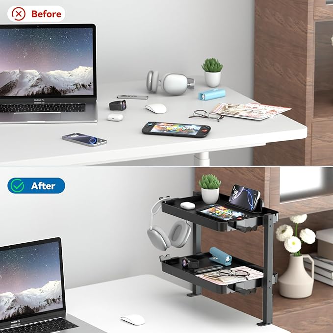 KDD Clamp On Desk Organizer - Adjustable 2-Tier Above or Under Desk Shelves with Large Capacity Tray, Phone & Tablet Holder, Headphone Hook - No Drilling Desktop Storage for Office & Home Accessories