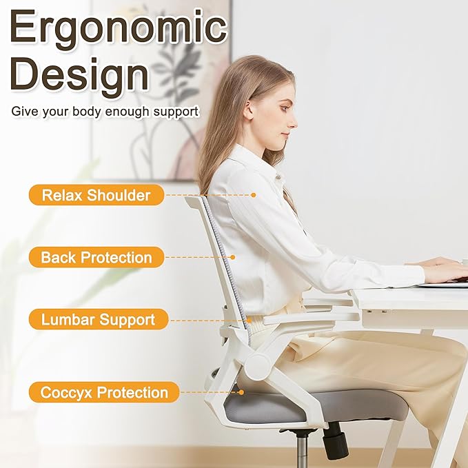Your Perfect Home Office & Study Companion: Ergonomic Mesh Chair with Adjustable Lumbar, Flip-Up Arms & Tilt Lock - Modern Grey, 400lb Capacity, Durable & Comfortable